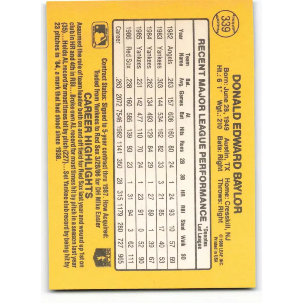 1987 Donruss #339 Don Baylor EX Excellent Boston Red Sox Baseball Card Image 2
