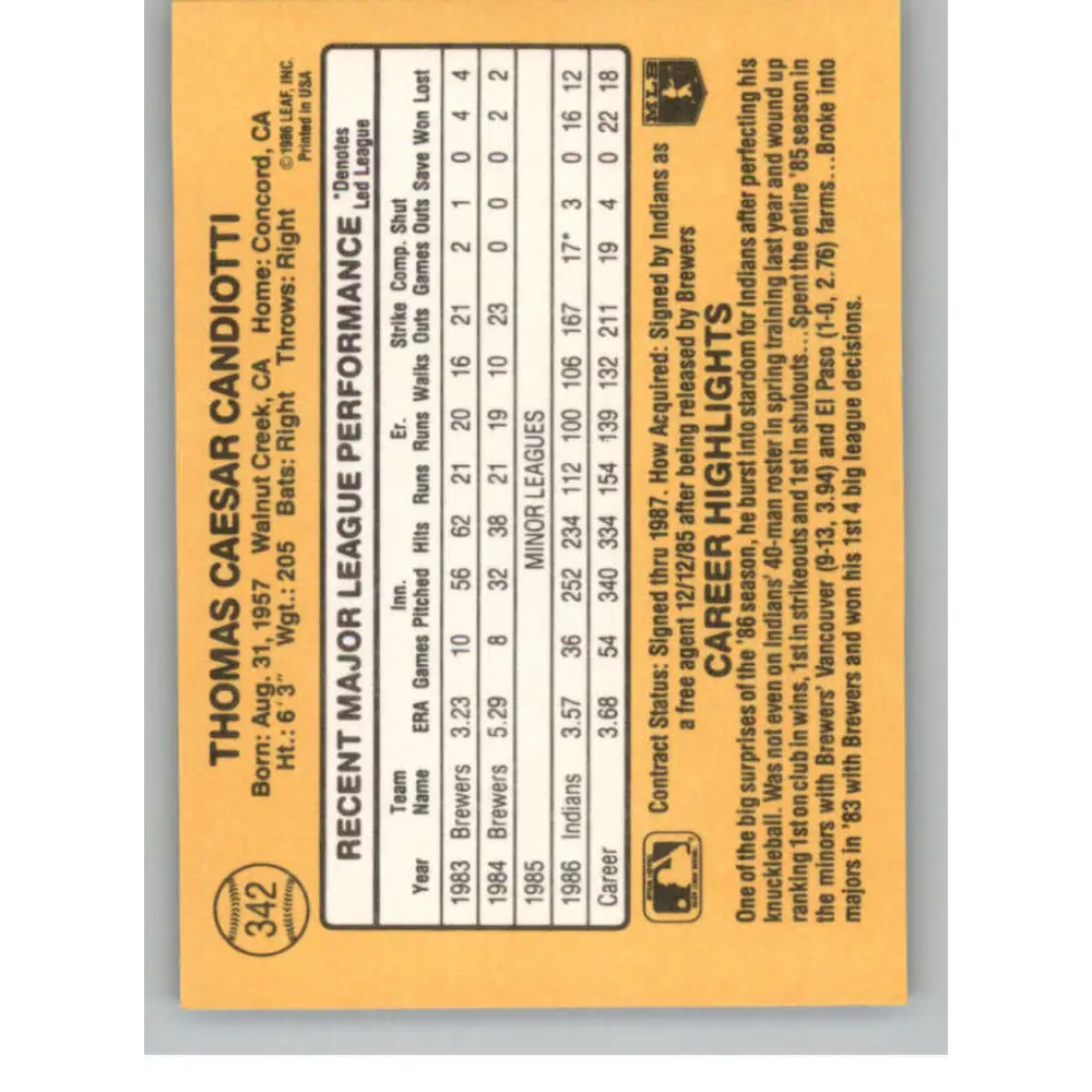 1987 Donruss #342 Tom Candiotti EX Excellent Cleveland Indians Baseball Card Image 2