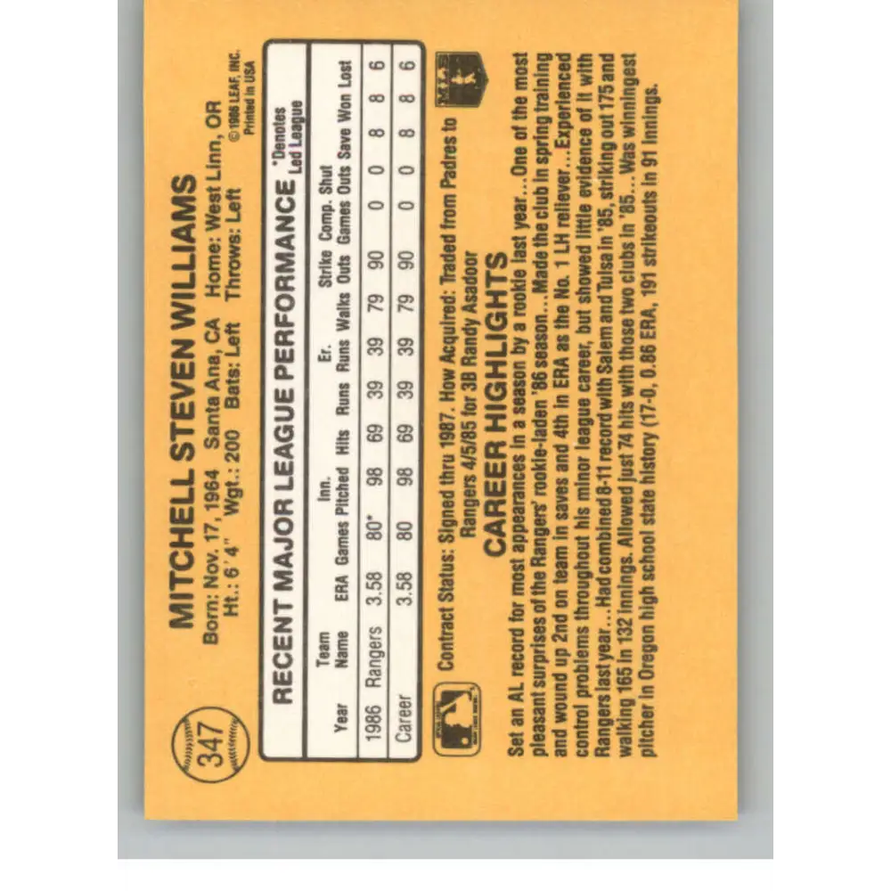 1987 Donruss #347 Mitch Williams EX Excellent RC Rookie Texas Rangers Baseball Card Image 2