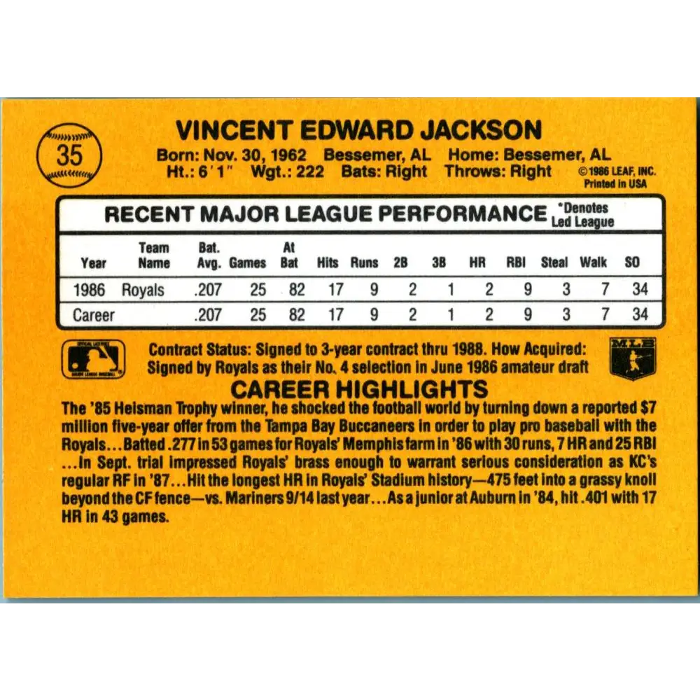 1987 Donruss #35 Bo Jackson EX Excellent RC Rookie Kansas City Royals Baseball Card Image 2