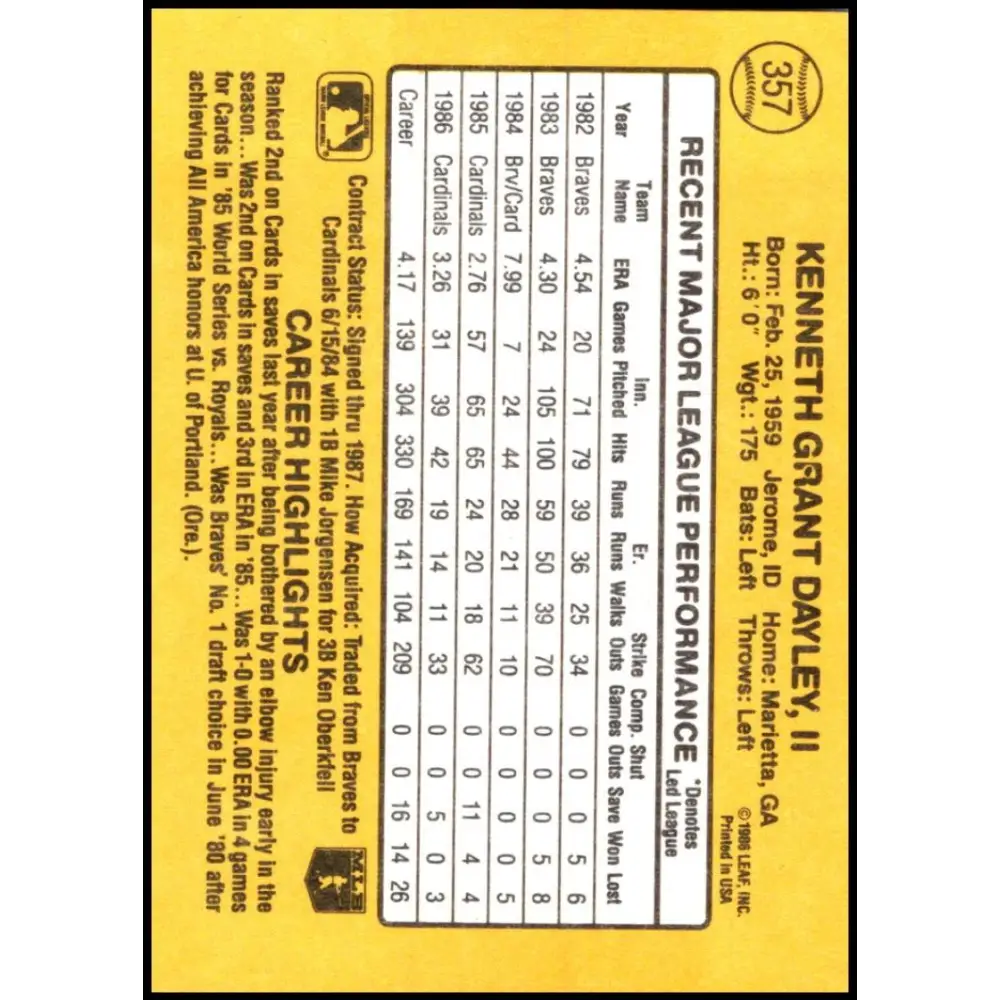 1987 Donruss #357 Ken Dayley EX Excellent St. Louis Cardinals Baseball Card Image 2