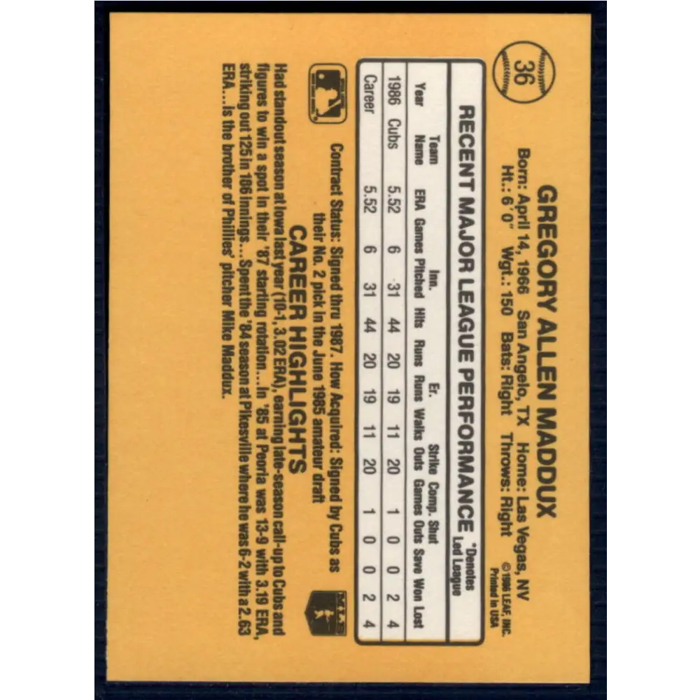 1987 Donruss #36 Greg Maddux EX Excellent RC Rookie Chicago Cubs Baseball Card Image 2