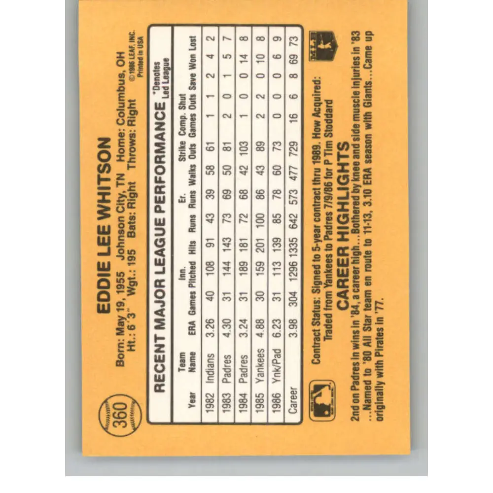 1987 Donruss #360 Ed Whitson EX Excellent San Diego Padres Baseball Card Image 2