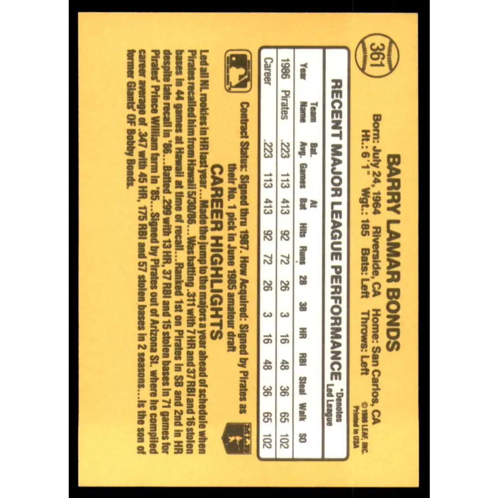 1987 Donruss #361 Barry Bonds EX Excellent RC Rookie Pittsburgh Pirates Baseball Card Image 2