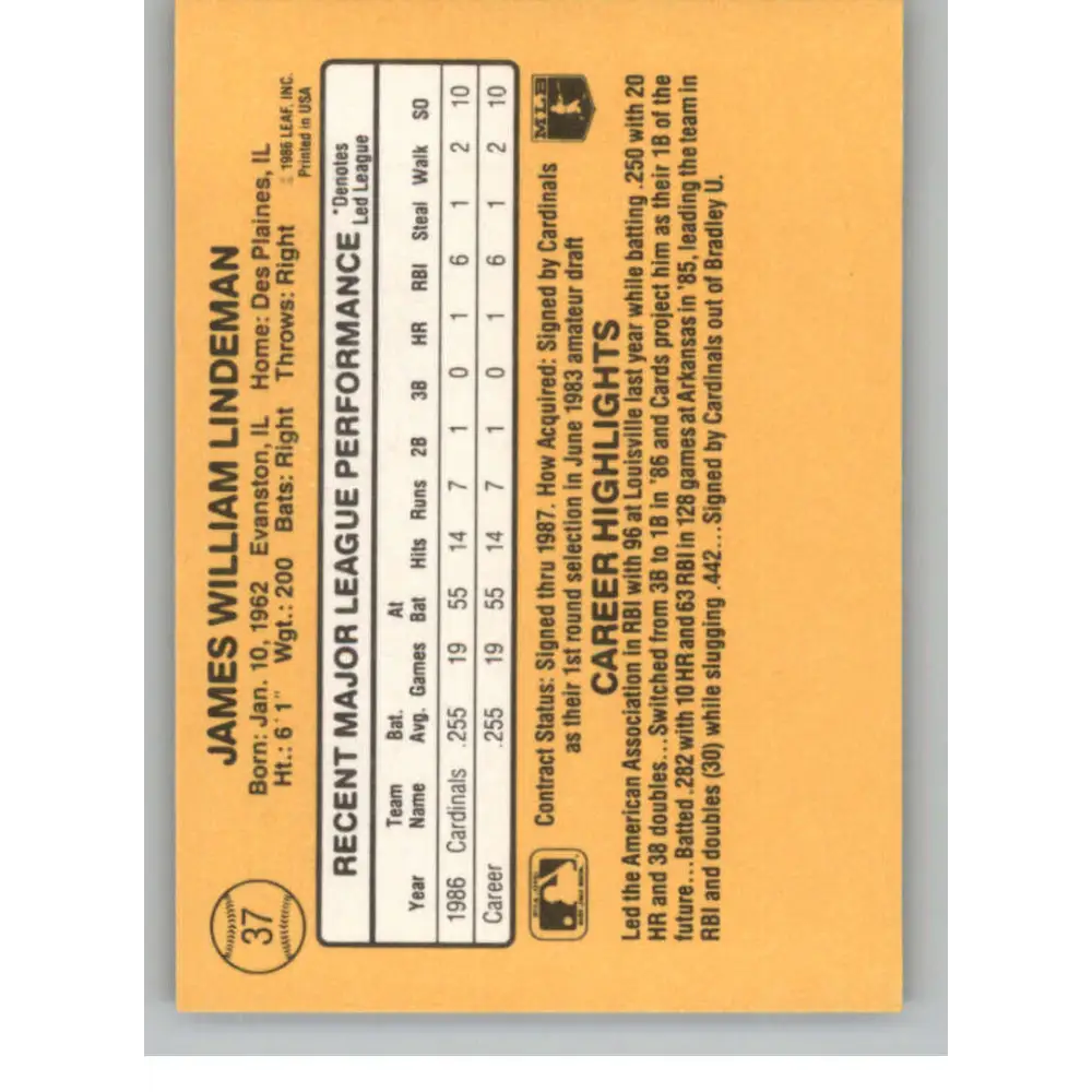 1987 Donruss #37 Jim Lindeman EX RC Rookie St. Louis Cardinals Baseball Card Image 2