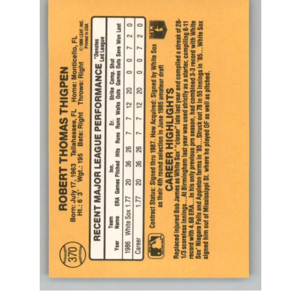 1987 Donruss #370 Bobby Thigpen EX Excellent RC Rookie Chicago White Sox Baseball Card Image 2