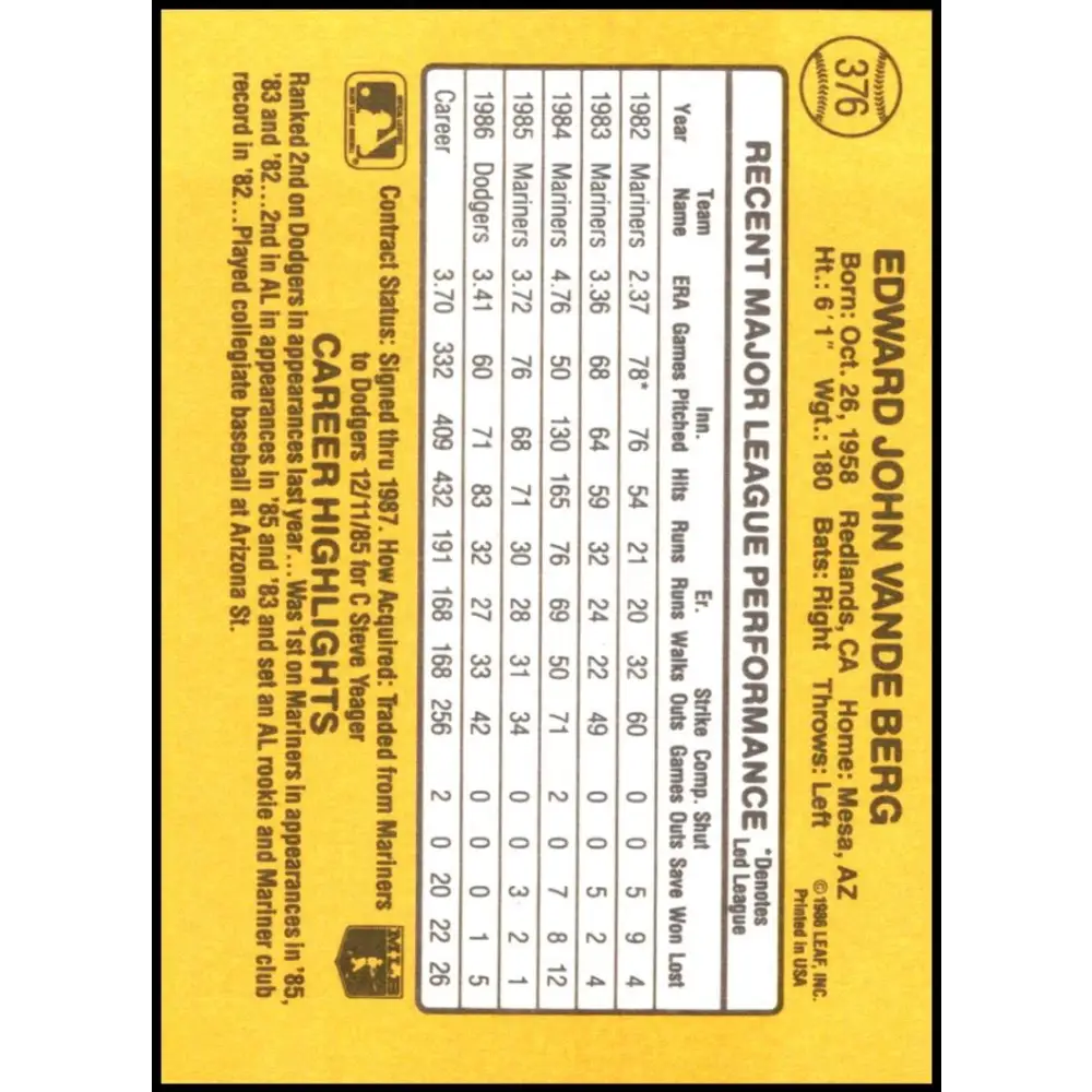 1987 Donruss #376 Ed Vande Berg EX Excellent Los Angeles Dodgers Baseball Card Image 2
