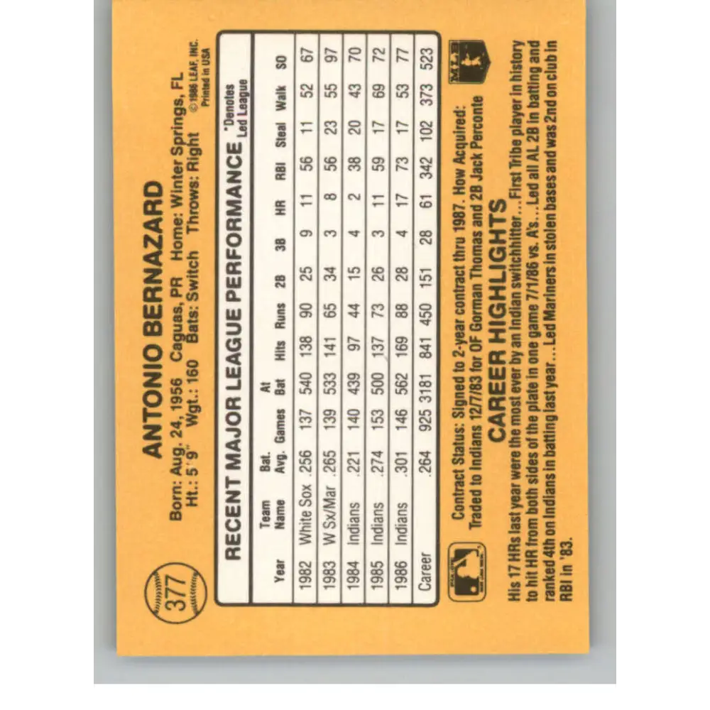 1987 Donruss #377 Tony Bernazard EX Excellent Cleveland Indians Baseball Card Image 2