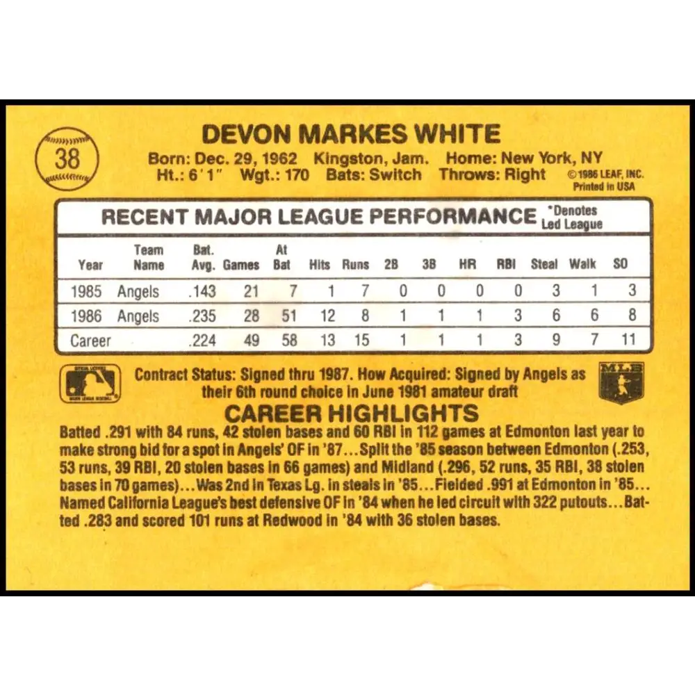 1987 Donruss #38 Devon White EX Excellent RC Rookie California Angels Baseball Card Image 2