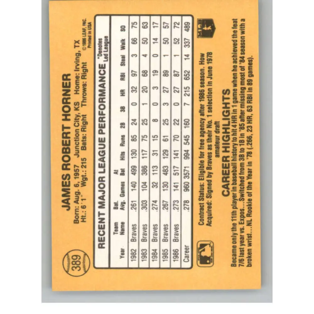 1987 Donruss #389 Bob Horner EX Excellent Atlanta Braves Baseball Card Image 2