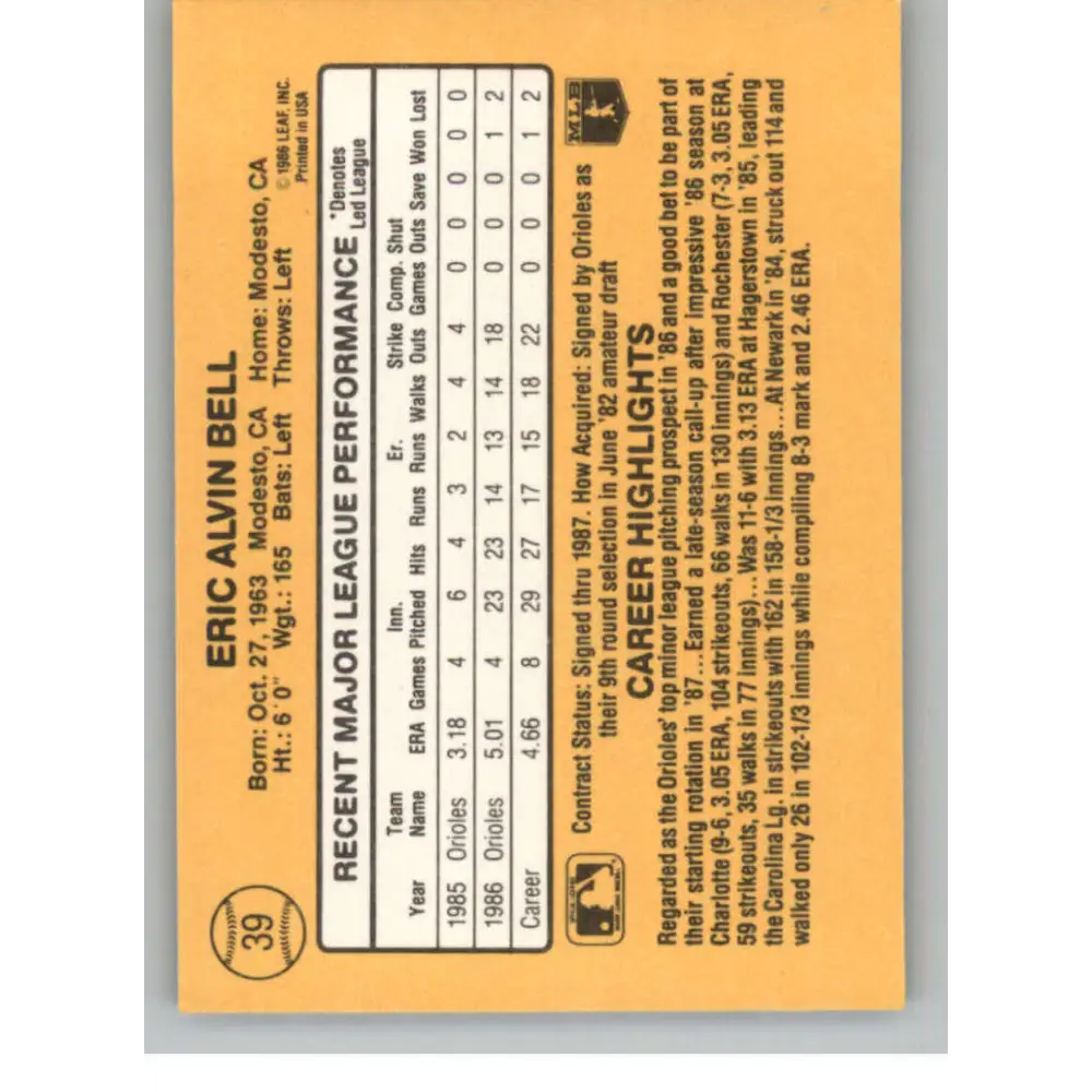 1987 Donruss #39 Eric Bell EX Excellent RC Rookie Baltimore Orioles Baseball Card Image 2