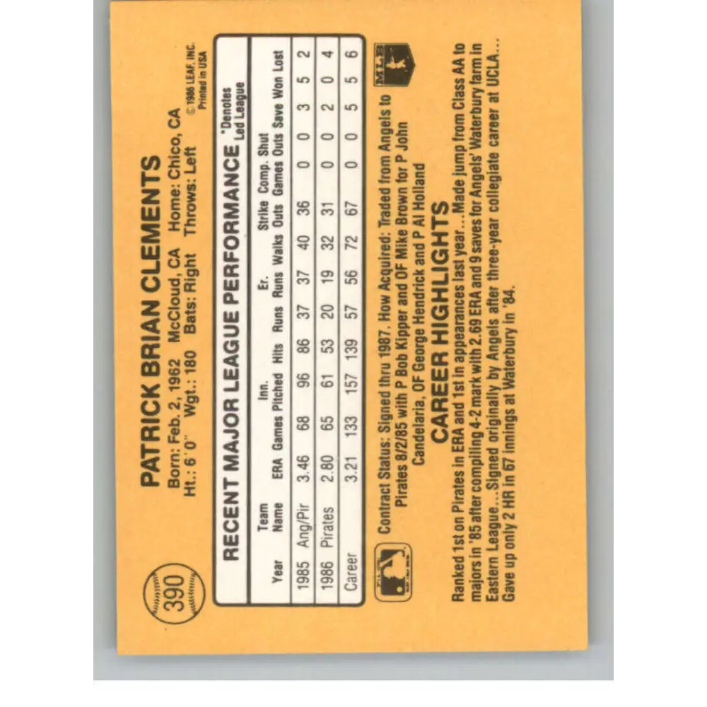 1987 Donruss #390 Pat Clements EX Excellent Pittsburgh Pirates Baseball Card Image 2
