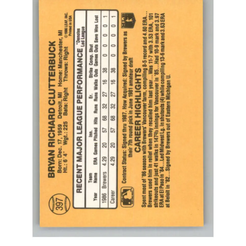 1987 Donruss #397 Bryan Clutterbuck EX Excellent RC Rookie Milwaukee Brewers Baseball Card Image 2