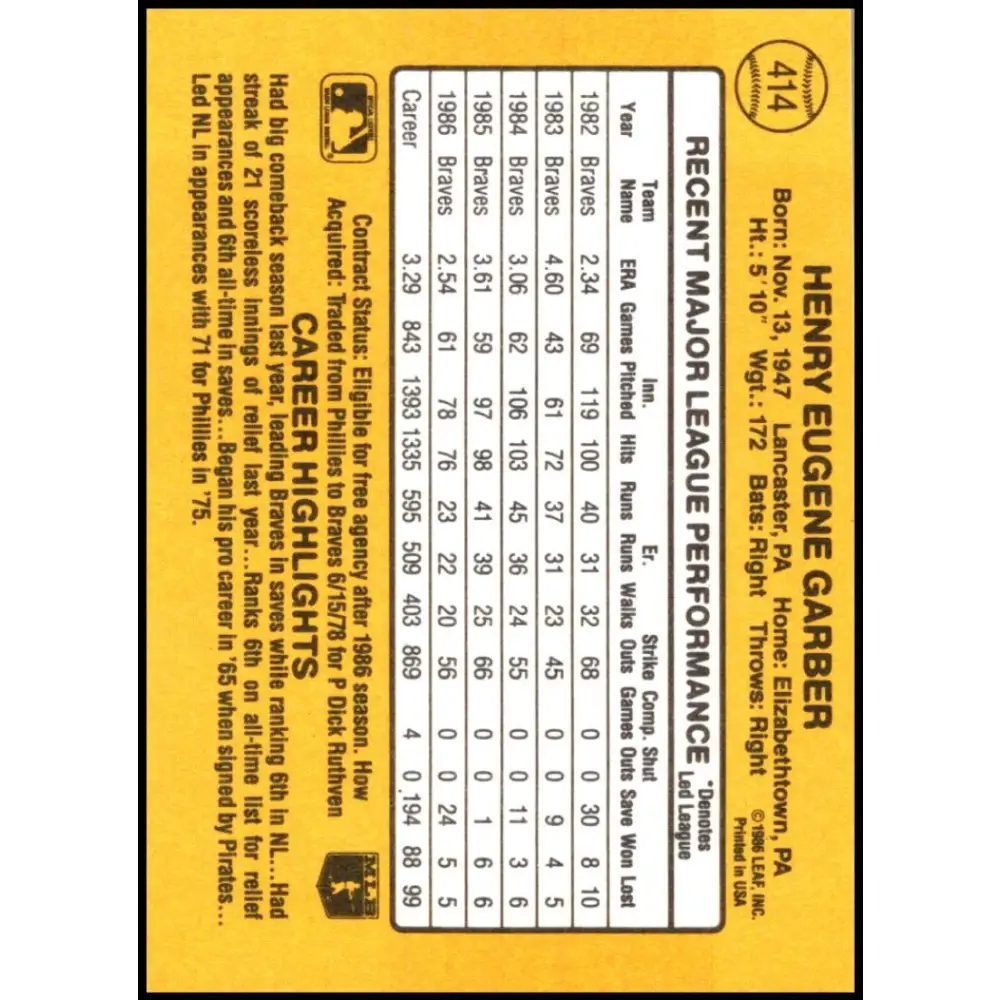 1987 Donruss #414 Gene Garber EX Excellent Atlanta Braves Baseball Card Image 2