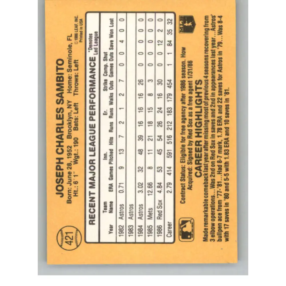 1987 Donruss #421 Joe Sambito EX Excellent Boston Red Sox Baseball Card Image 2