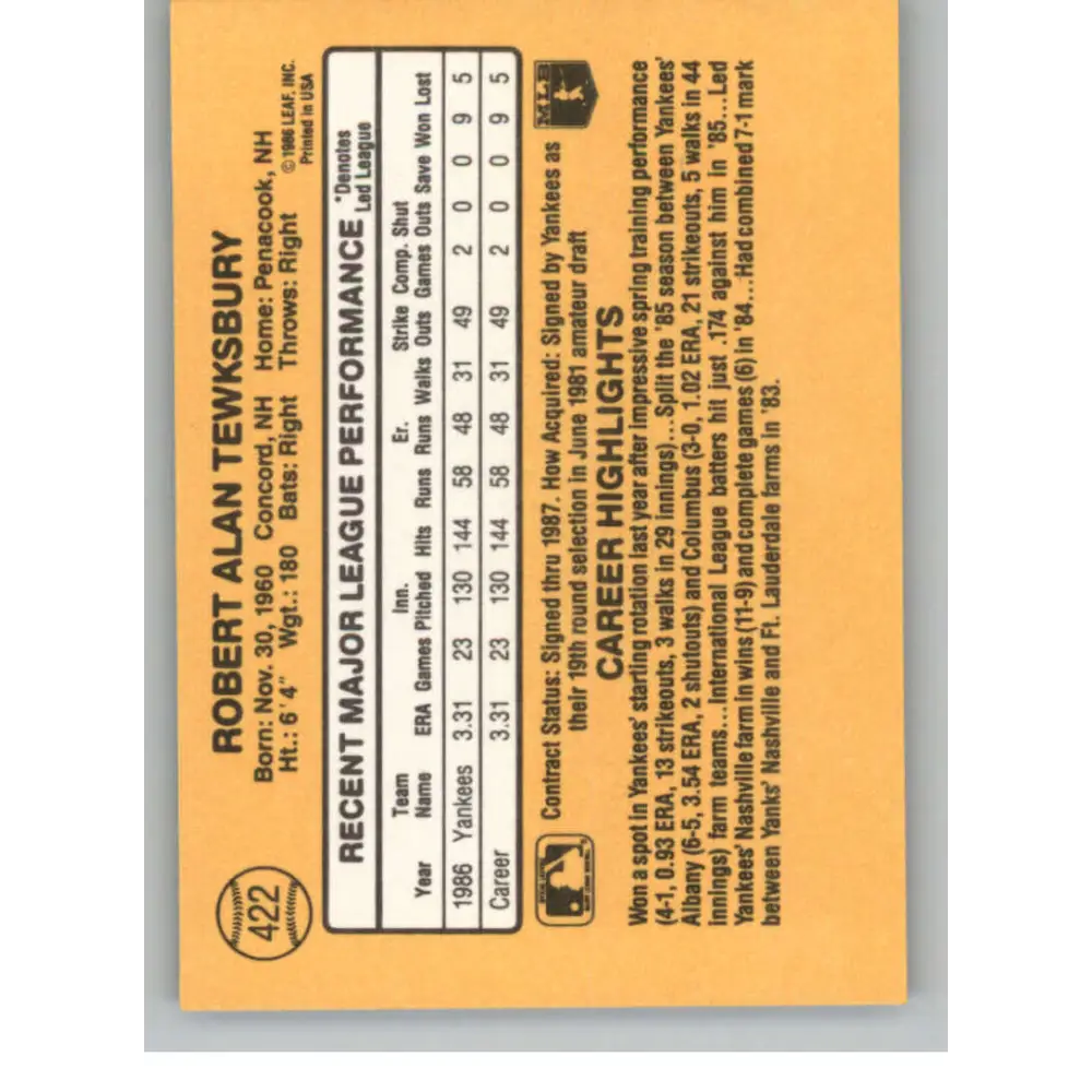 1987 Donruss #422 Bob Tewksbury EX Excellent RC Rookie New York Yankees Baseball Card Image 2