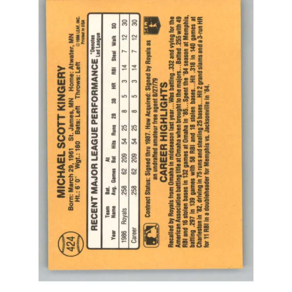 1987 Donruss #424 Mike Kingery EX Excellent RC Rookie Kansas City Royals Baseball Card Image 2