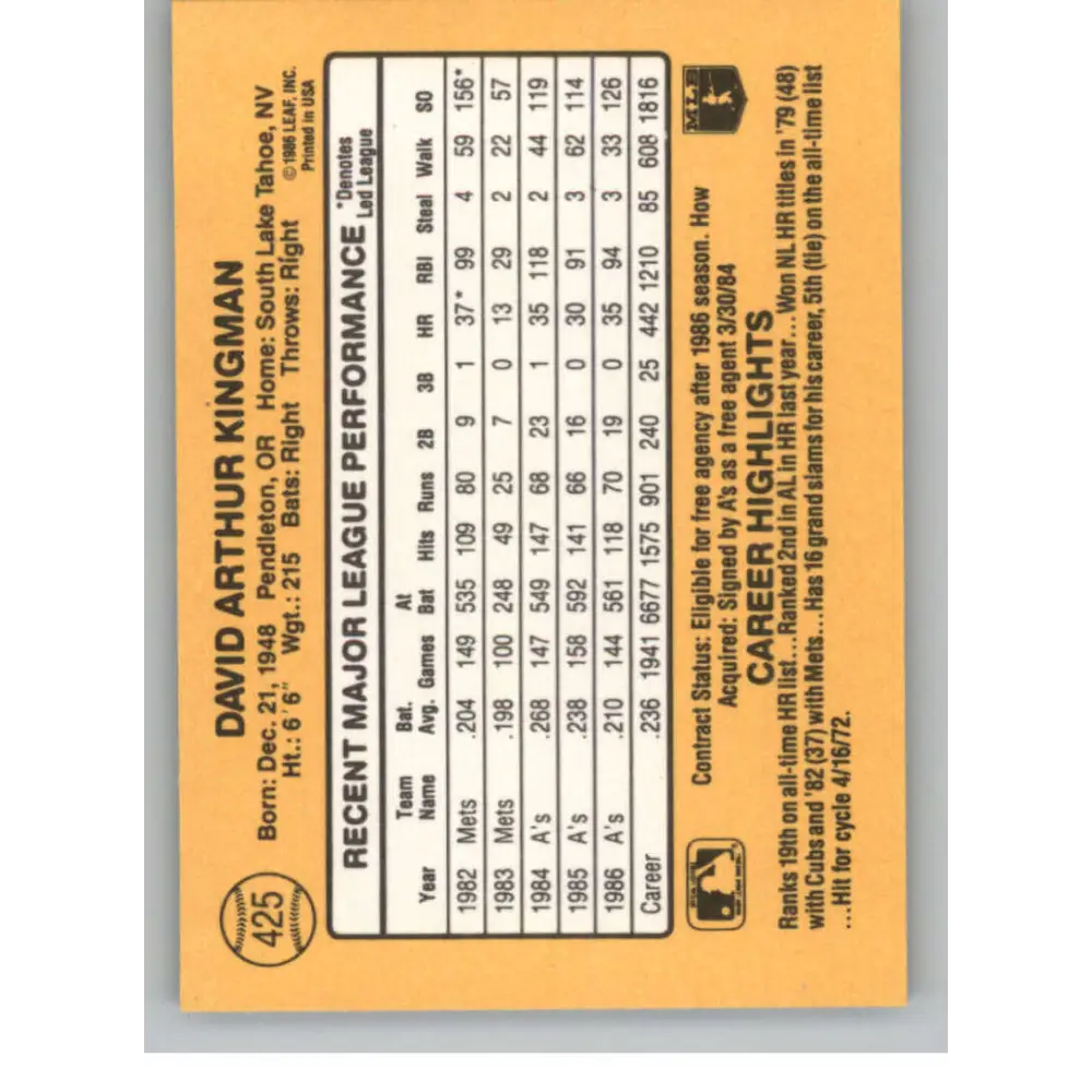 1987 Donruss #425 Dave Kingman EX Excellent Oakland Athletics Baseball Card Image 2