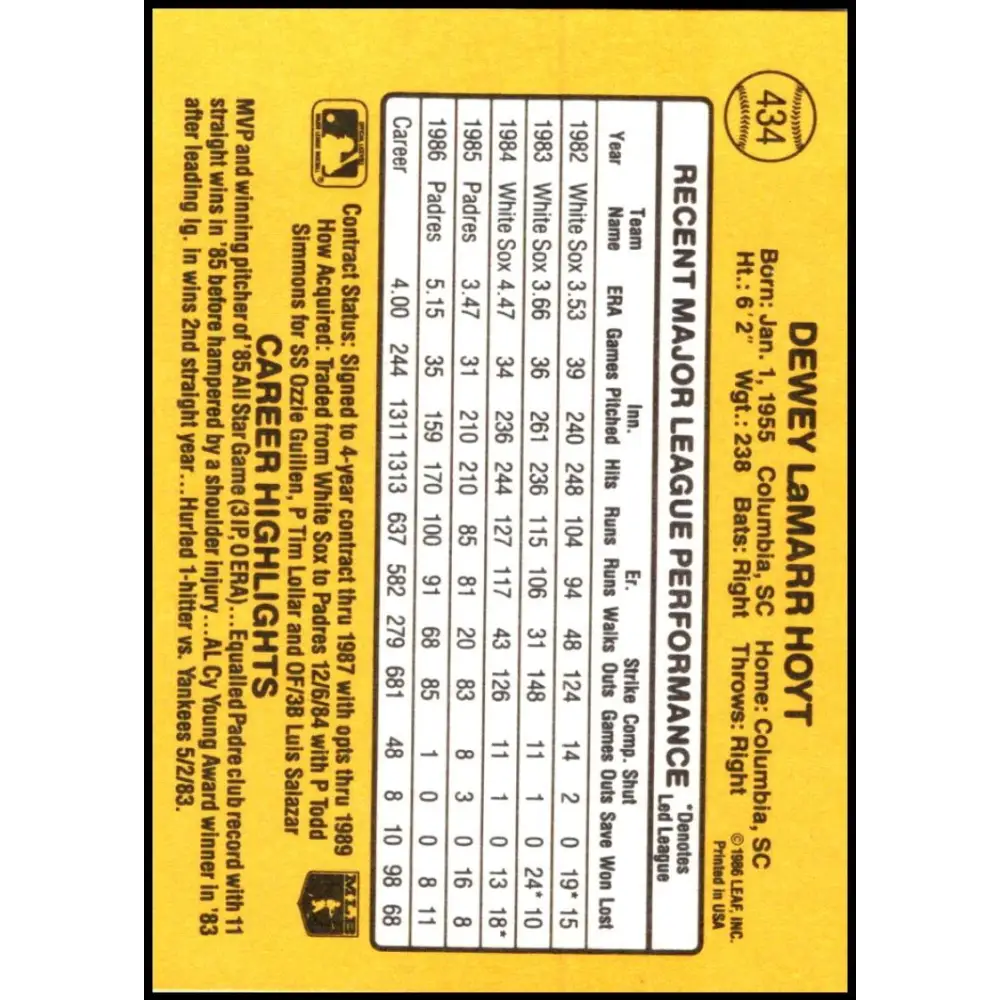 1987 Donruss #434 LaMarr Hoyt EX Excellent San Diego Padres Baseball Card Image 2