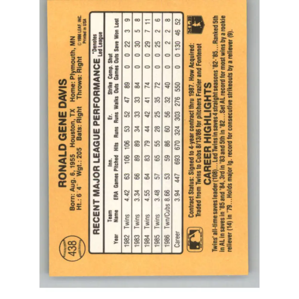 1987 Donruss #438 Ron Davis EX Excellent Chicago Cubs Baseball Card Image 2