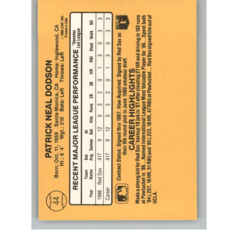 1987 Donruss #44 Pat Dodson EX Excellent RC Rookie Boston Red Sox Baseball Card Image 2