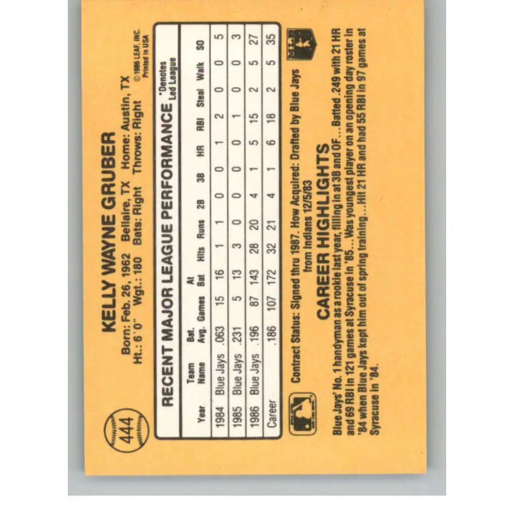 1987 Donruss #444 Kelly Gruber EX Excellent Toronto Blue Jays Baseball Card Image 2