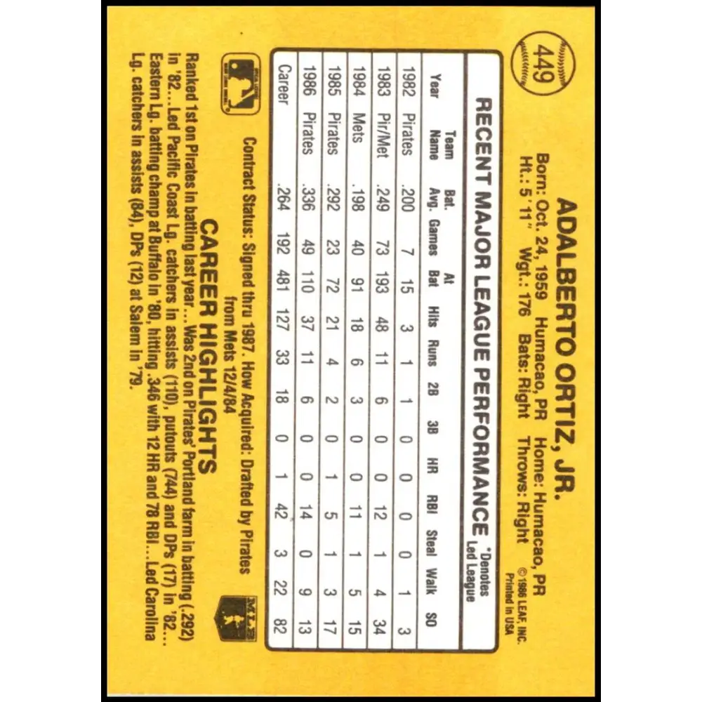 1987 Donruss #449 Junior Ortiz EX Excellent Pittsburgh Pirates Baseball Card Image 2