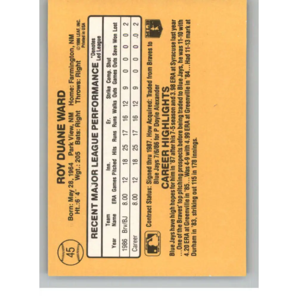 1987 Donruss #45 Duane Ward EX Excellent RC Rookie Toronto Blue Jays Baseball Card Image 2