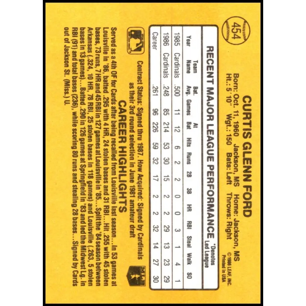 1987 Donruss #454 Curt Ford EX Excellent St. Louis Cardinals Baseball Card Image 2