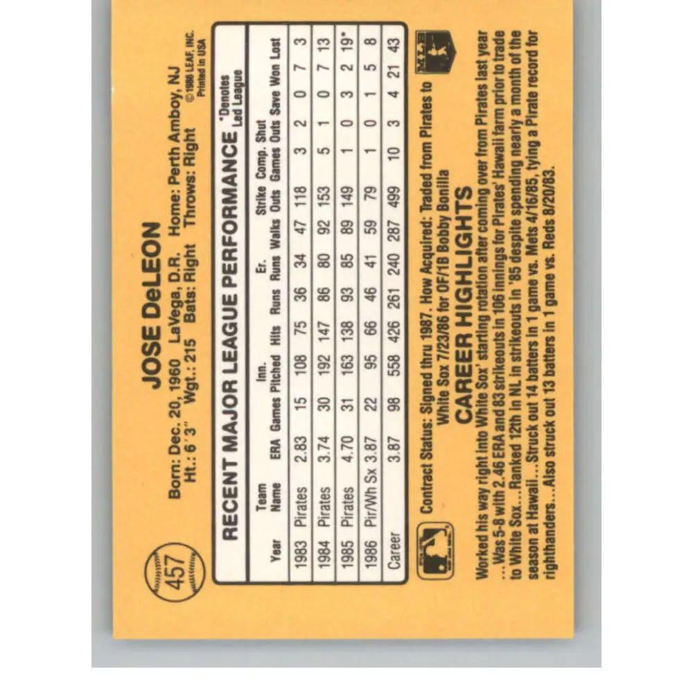 1987 Donruss #457 Jose DeLeon EX Excellent Chicago White Sox Baseball Card Image 2