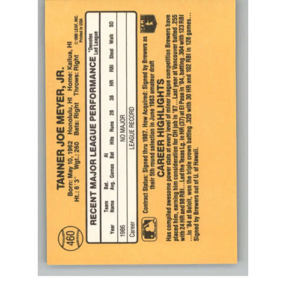 1987 Donruss #460 Joey Meyer EX Excellent RC Rookie Milwaukee Brewers Baseball Card Image 2