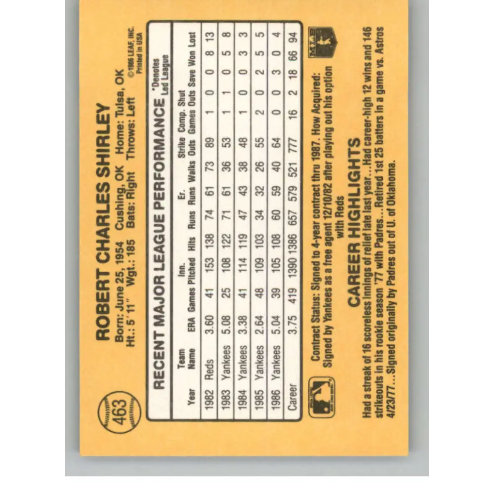 1987 Donruss #463 Bob Shirley EX Excellent New York Yankees Baseball Card Image 2