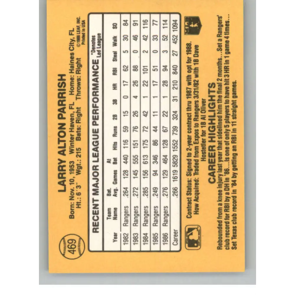 1987 Donruss #469 Larry Parrish EX Excellent Texas Rangers Baseball Card Image 2