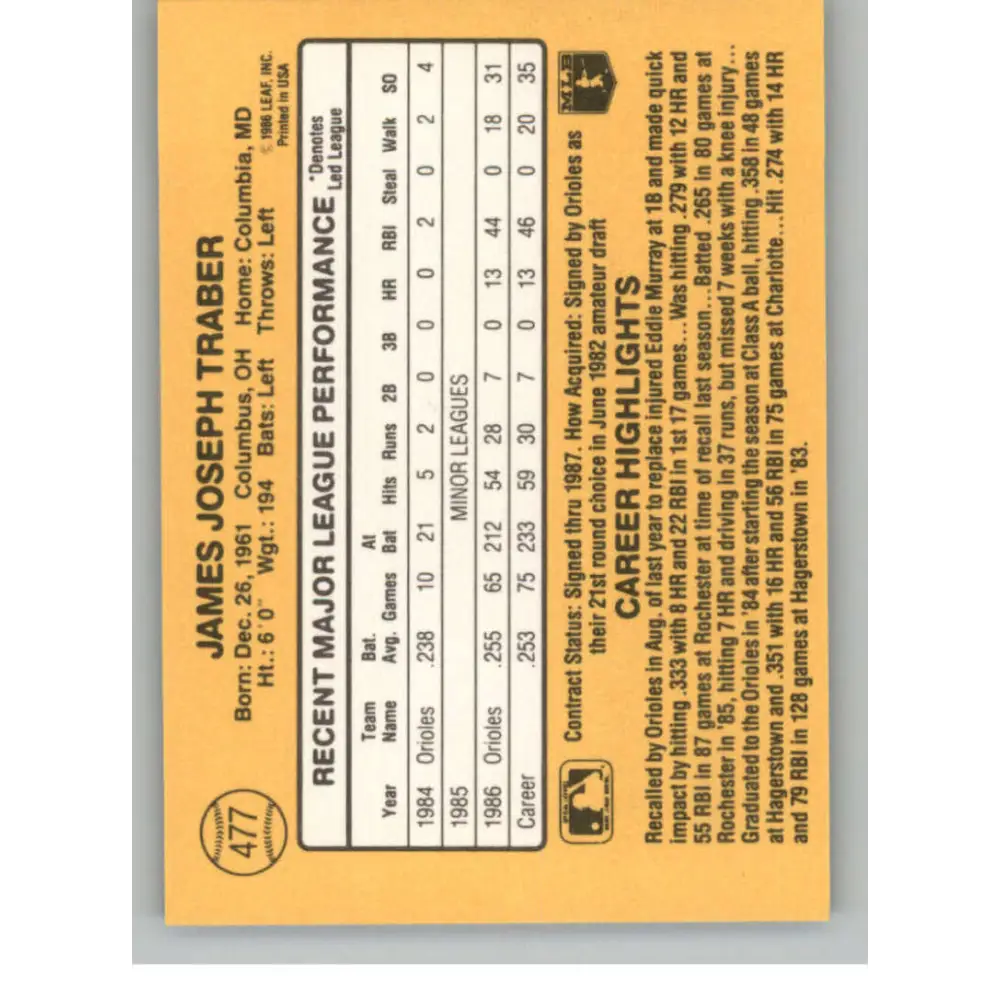 1987 Donruss #477 Jim Traber EX Excellent Baltimore Orioles Baseball Card Image 2