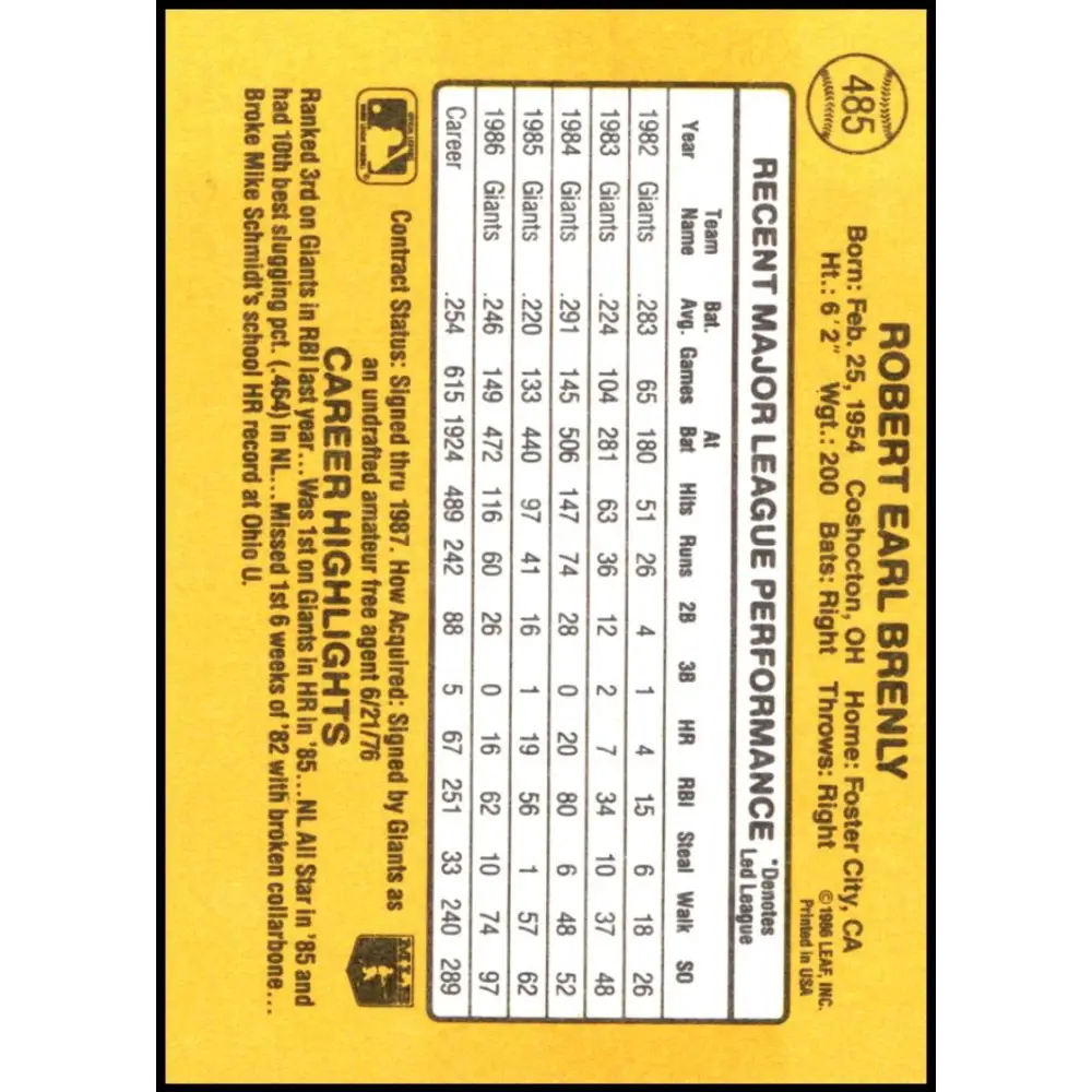 1987 Donruss #485 Bob Brenly EX Excellent San Francisco Giants Baseball Card Image 2