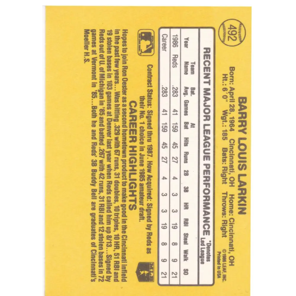 1987 Donruss #492 Barry Larkin EX Excellent RC Rookie Cincinnati Reds Baseball Card Image 2