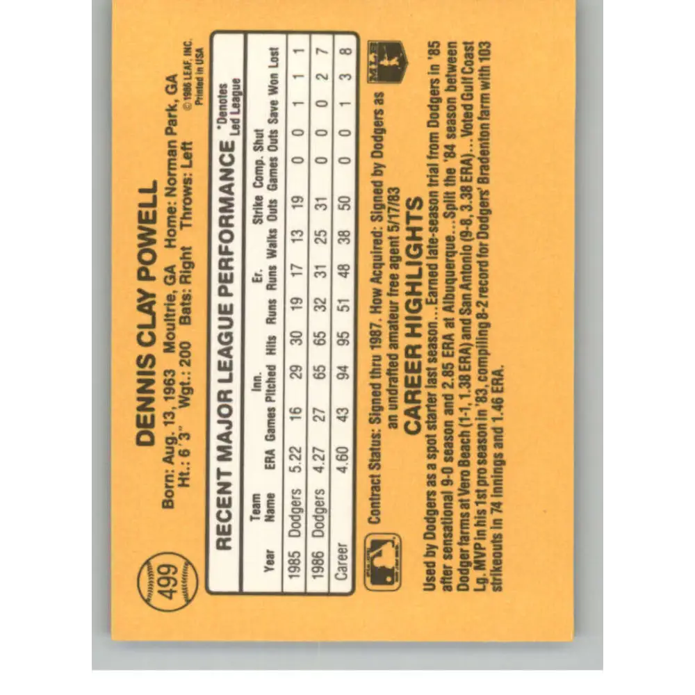 1987 Donruss #499 Dennis Powell EX Excellent Los Angeles Dodgers Baseball Card Image 2