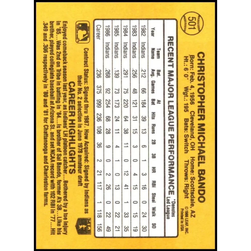 1987 Donruss #501 Chris Bando EX Excellent Cleveland Indians Baseball Card Image 2