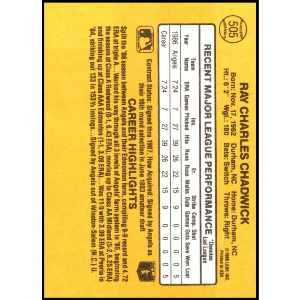 1987 Donruss #505 Ray Chadwick EX Excellent RC Rookie California Angels Baseball Card Image 2