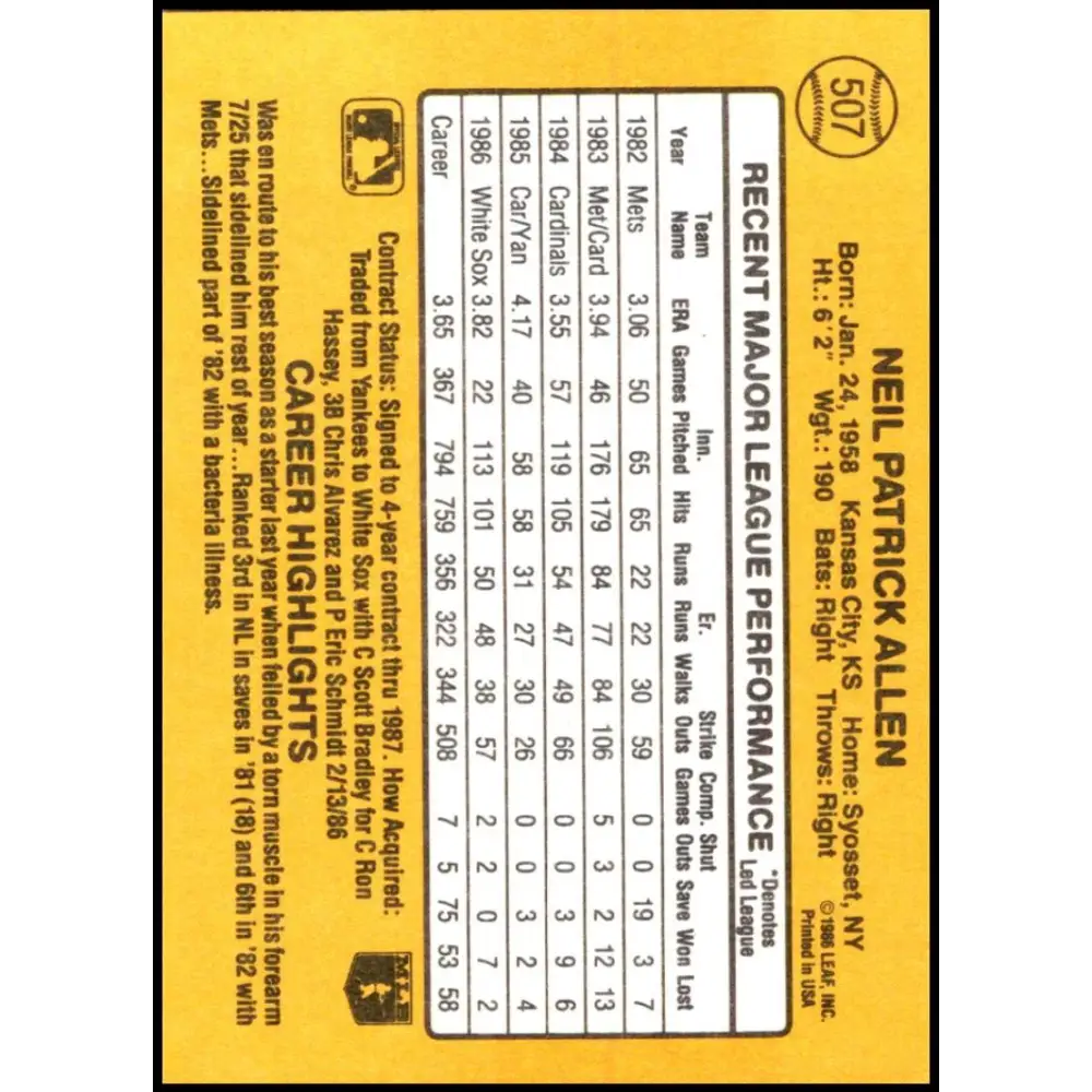 1987 Donruss #507 Neil Allen EX Excellent Chicago White Sox Baseball Card Image 2