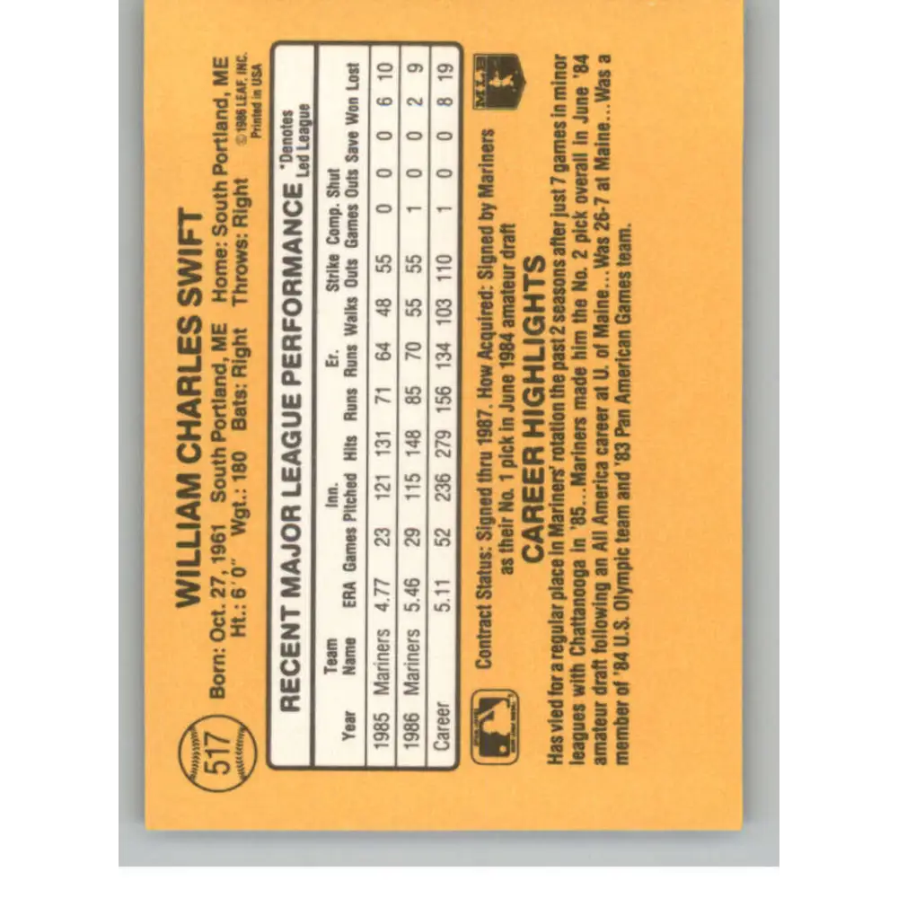 1987 Donruss #517 Bill Swift EX Excellent Seattle Mariners Baseball Card Image 2