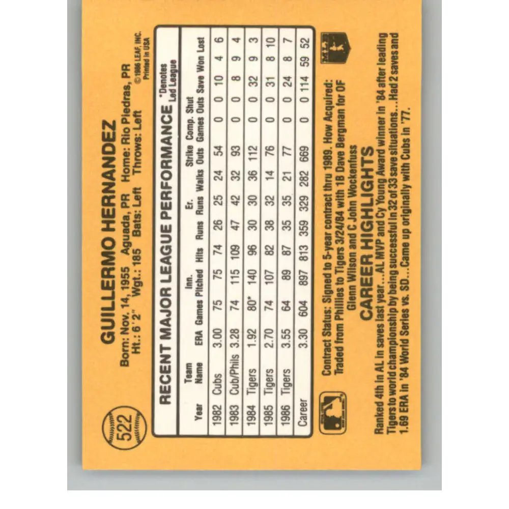 1987 Donruss #522 Willie Hernandez EX Excellent Detroit Tigers Baseball Card Image 2