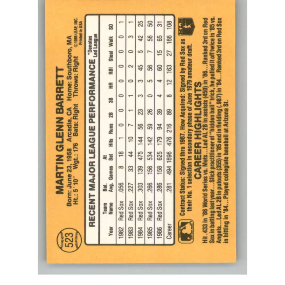 1987 Donruss #523 Marty Barrett EX Excellent Boston Red Sox Baseball Card Image 2