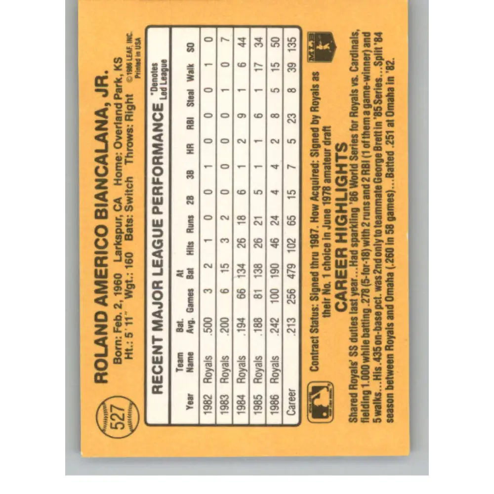 1987 Donruss #527 Buddy Biancalana EX Excellent Kansas City Royals Baseball Card Image 2