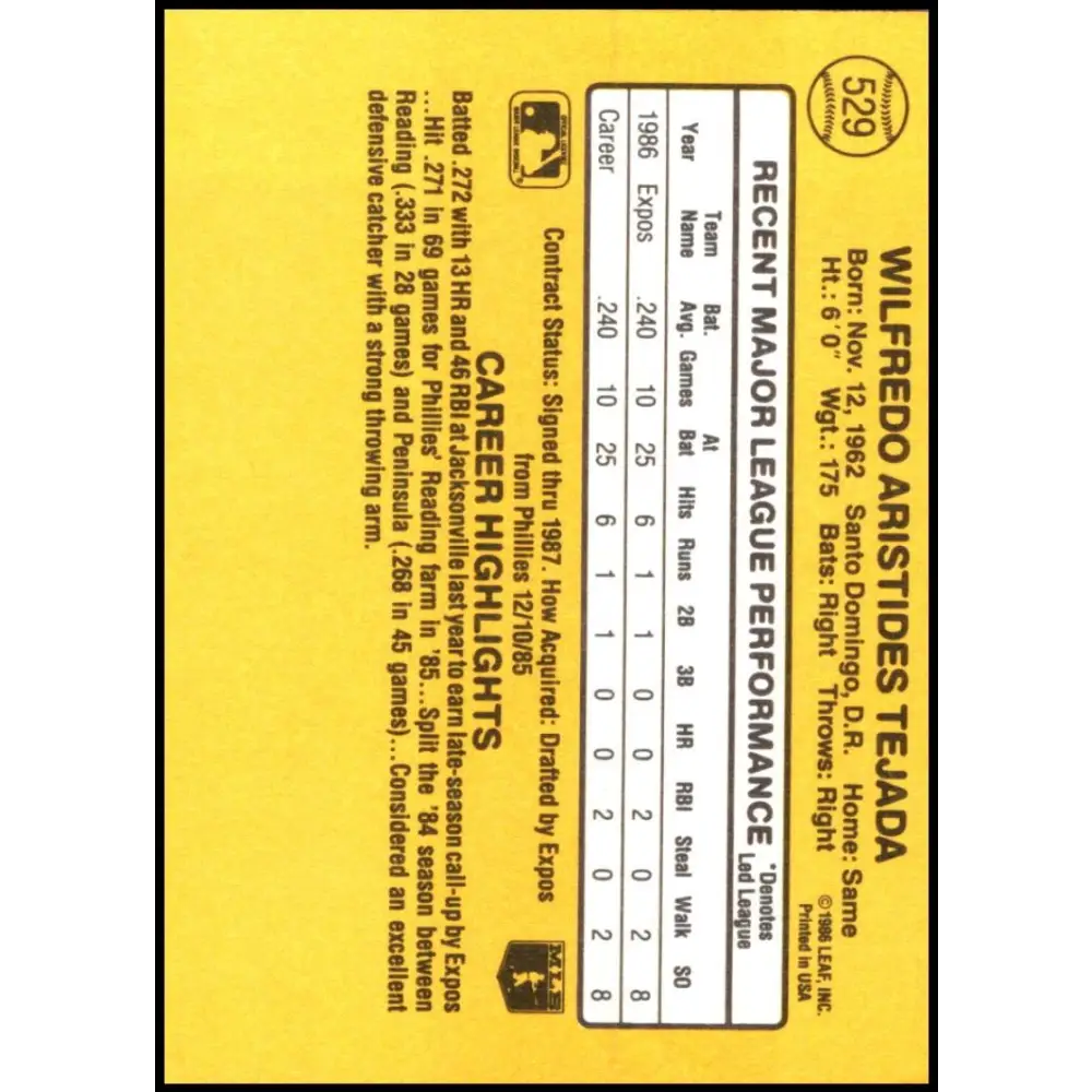 1987 Donruss #529 Wilfredo Tejada EX Excellent Montreal Expos Baseball Card Image 2