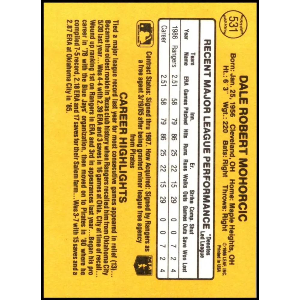 1987 Donruss #531 Dale Mohorcic EX Excellent RC Rookie Texas Rangers Baseball Card Image 2