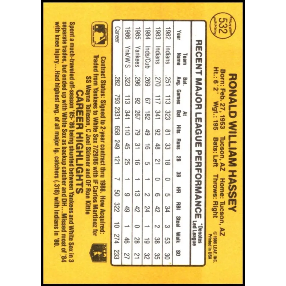 1987 Donruss #532 Ron Hassey EX Excellent Chicago White Sox Baseball Card Image 2