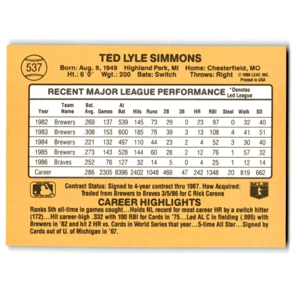 1987 Donruss #537 Ted Simmons EX Excellent Atlanta Braves Baseball Card Image 2