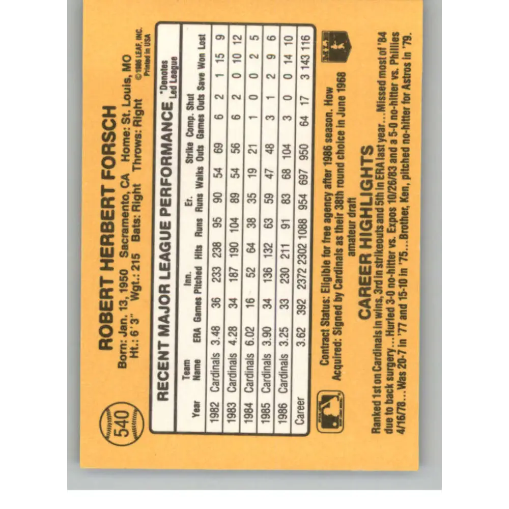 1987 Donruss #540 Bob Forsch EX Excellent St. Louis Cardinals Baseball Card Image 2