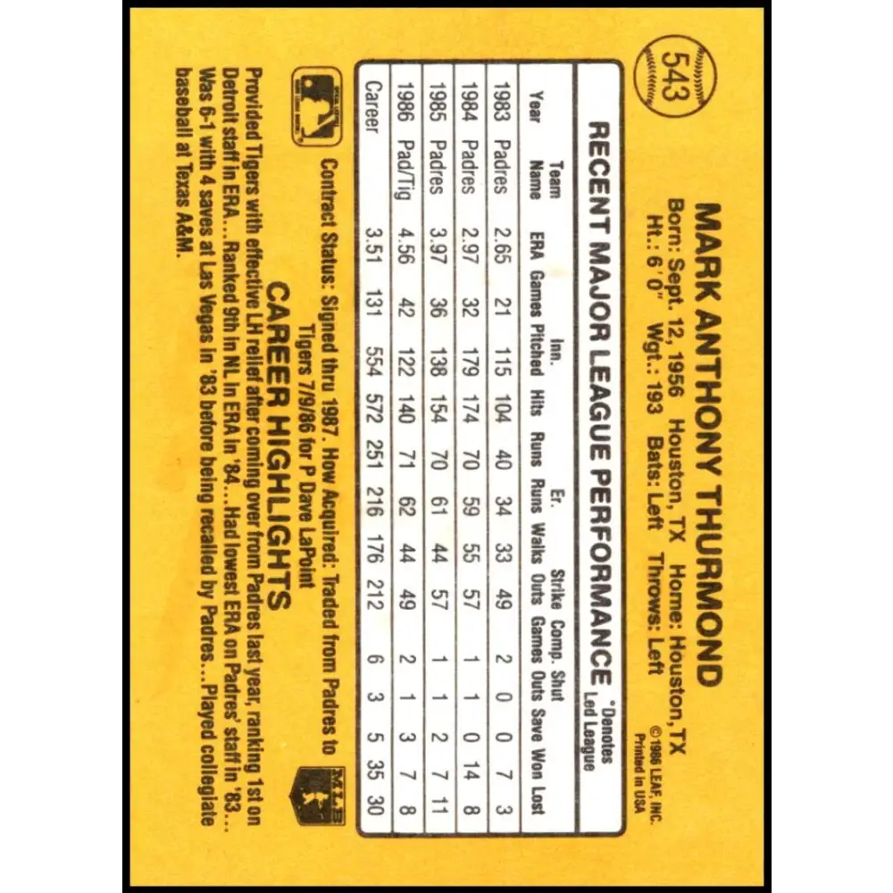 1987 Donruss #543 Mark Thurmond EX Excellent Detroit Tigers Baseball Card Image 2